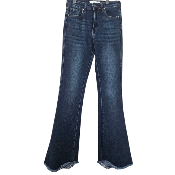 Kancan Dark Wash Bell Bottom Frayed Hem Highwaist  Jeans Size 5/26 - Picture 1 of 7